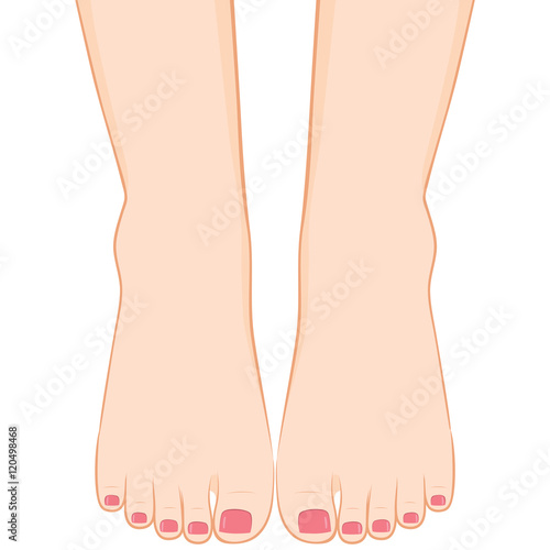 Close up of two feet with pedicure treatment and pink nail polish