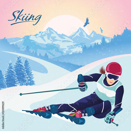 Slalom and downhill skiing. Active winter holidays, vacation, travel. Downhill and extreme sports. Mountain peaks and snow-covered spruce. Empty space for text.