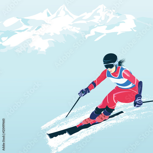 Slalom and downhill skiing. Active winter vacation, travel and tourism. Downhill and extreme sports. Ski resorts and steep slopes. Mountain peaks and snow. Empty space for text.