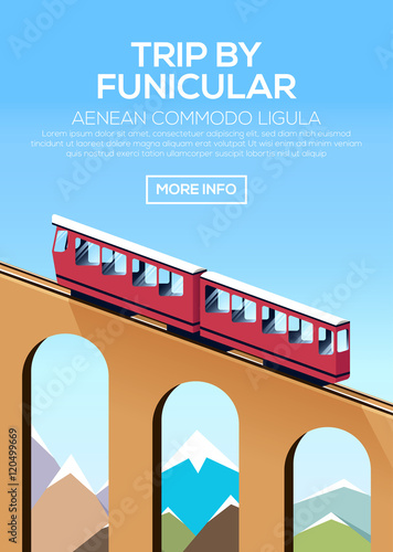 Trip by funicular train. Poster with climb by funicular against the sky and mountains. Stock vector