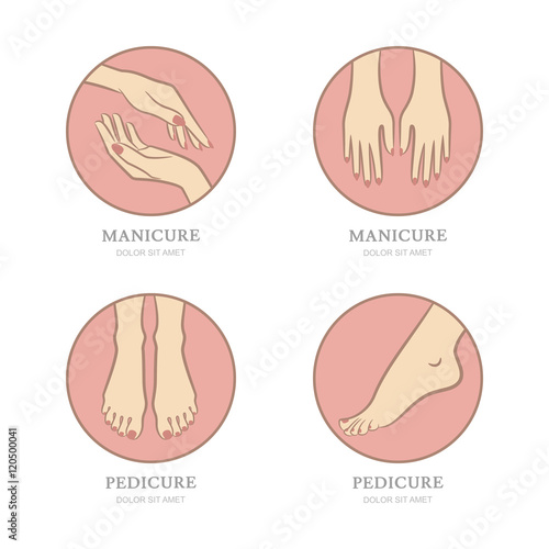 Vector set of manicure and pedicure logo, emblem, label design template. Female hands in circle shape. Womens feet illustration. Concept for beauty salon, manicure and pedicure cosmetics, body care.