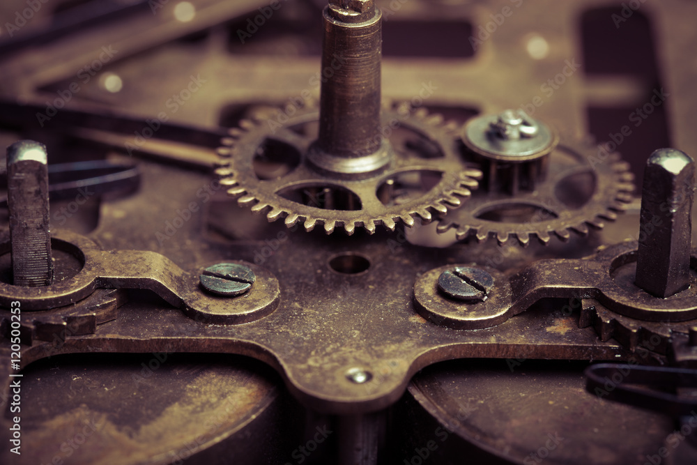 Old clockwork dirty with dust and lubricating oil. Selective foc Old clockwork dirty with dust and lubricating oil. Selective foc