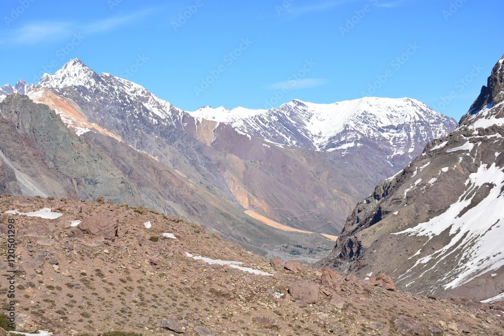 landscapes of volcano, valley, lake, mountains, glacier and snow in Chile