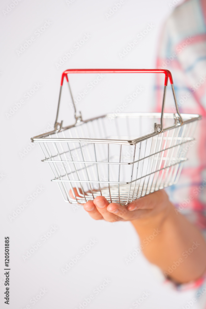 Woman Holding Empty Model Shopping Basket Woman Holding Empty Model Shopping Basket