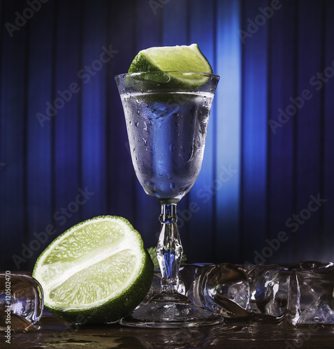 Cold alcohol set with background and fruits