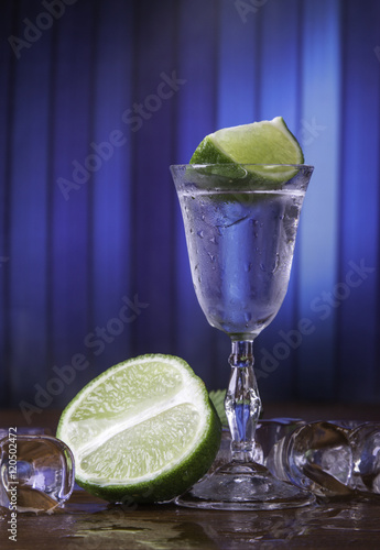 Cold alcohol set with background and fruits