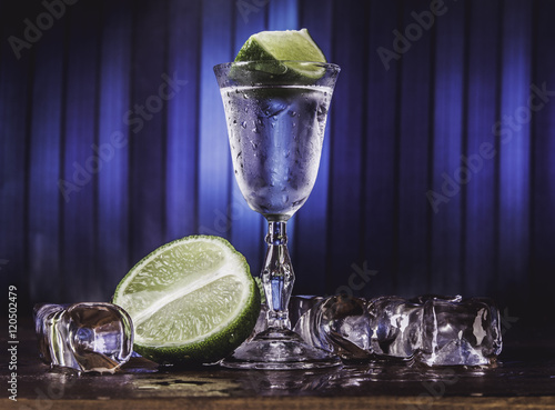Cold alcohol set with background and fruits