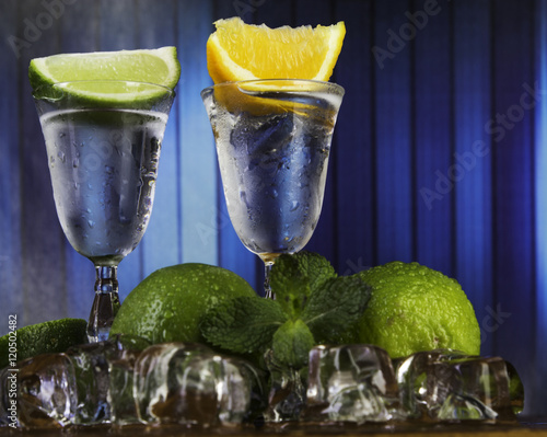 Cold alcohol set with background and fruits