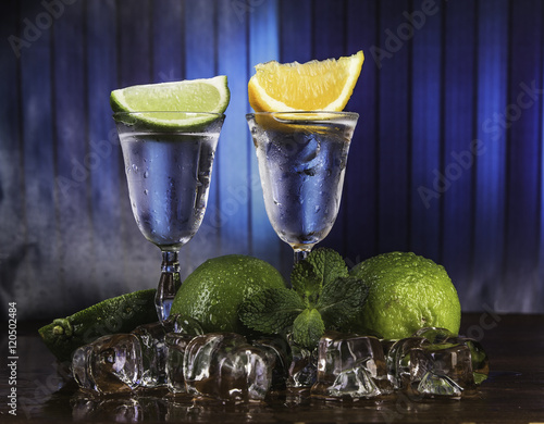 Cold alcohol set with background and fruits