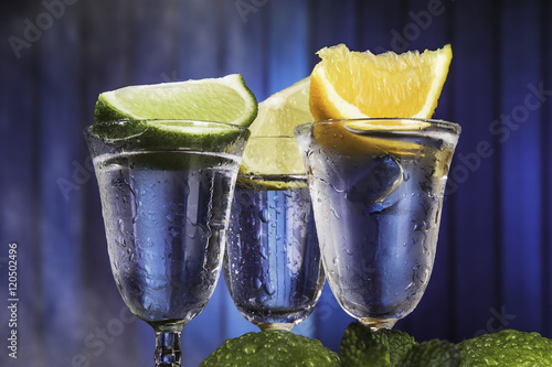 Cold alcohol set with background and fruits