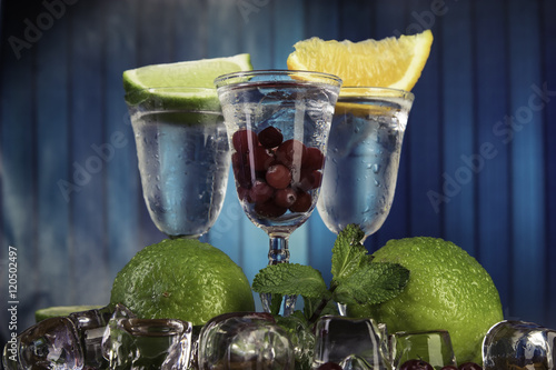 Cold alcohol set with background and fruits