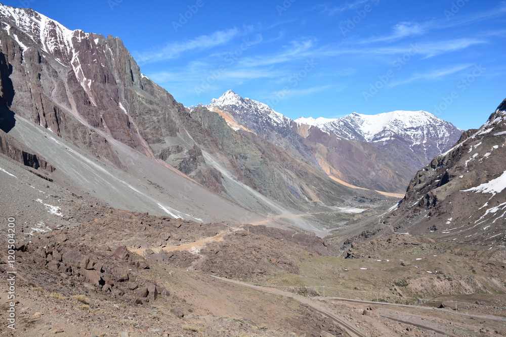 landscape of volcano, mountain, glacier and valley in Chile