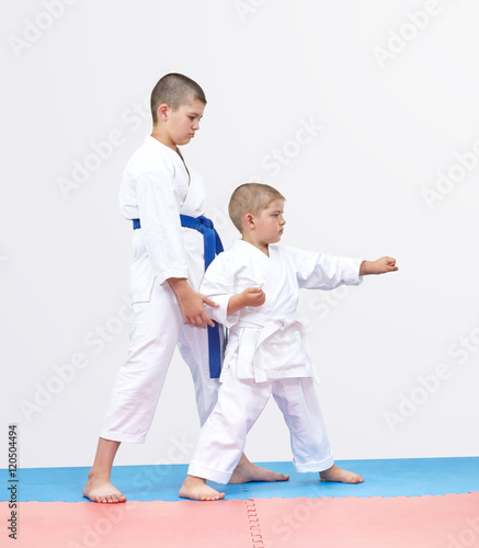 The elder brother karateka is training brother punch arm