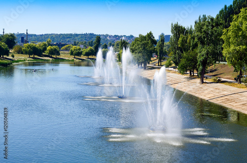 Fountains in Kiev District Rusanovka fountains panorama. Kiev Uk photo