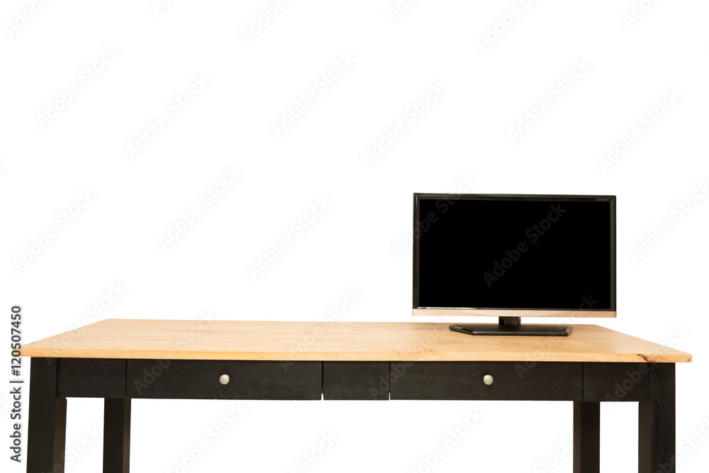 Television put on wood table isolated white Television put on wood table isolated white