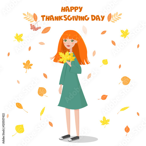 thanksgiving holiday, a beautiful girl on a bright autumn background.