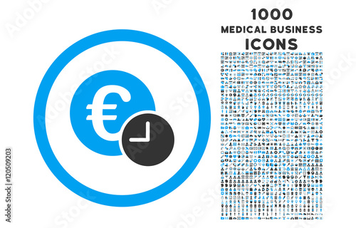 Euro Credit rounded vector bicolor icon with 1000 medical business icons. Set style is flat pictograms, blue and gray colors, white background.
