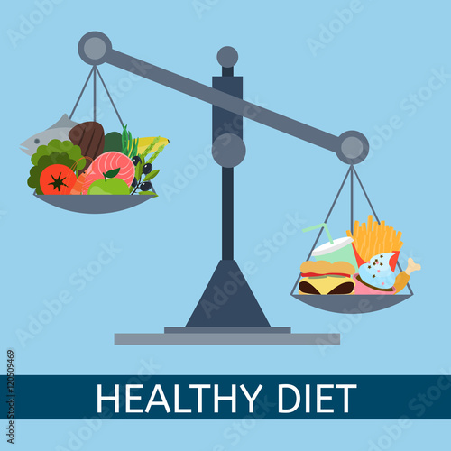 Scales. Selection of healthy and junk foods. Diet. Healthy food. Vector flat illustration.