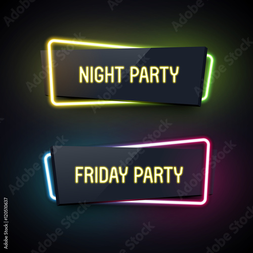 Set of geometric neon vector banners. Glossy plastic style.