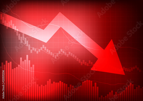 Vector : Decreasing graph and arrow on red background