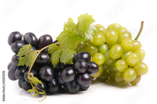 bunch of green and blue grape with leaves isolated on white background