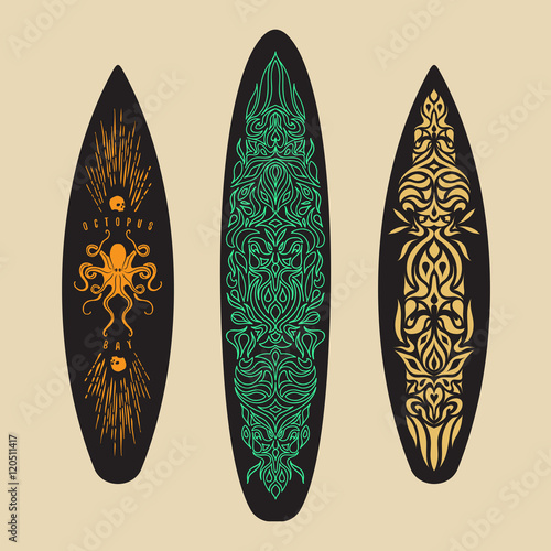Vector Surf Graphics. Surfboards decorated with geometric tribal, ethnic ornaments and hand drawn octopus illustration. Can be used in t-shirt, apparel designs.