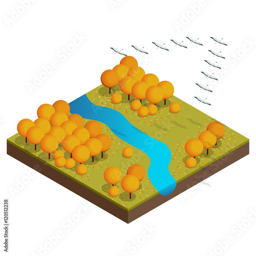 Isometric flock of migrating birds in autumn. Autumn concept