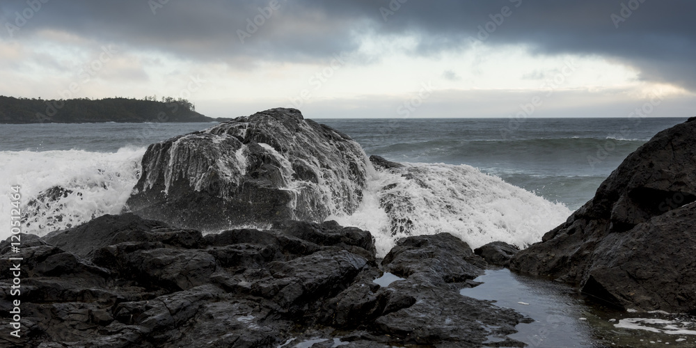 Wave splashing at coast, Pettinger Point, Cox Bay, Pacific Rim N Wave splashing at coast, Pettinger Point, Cox Bay, Pacific Rim N