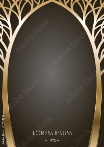 Cover of silhouettes stylized golden trees in the form of an arch with graphic templates for greeting cards, labels. Forged or cast gates in fairy-tale style. Vector graphics