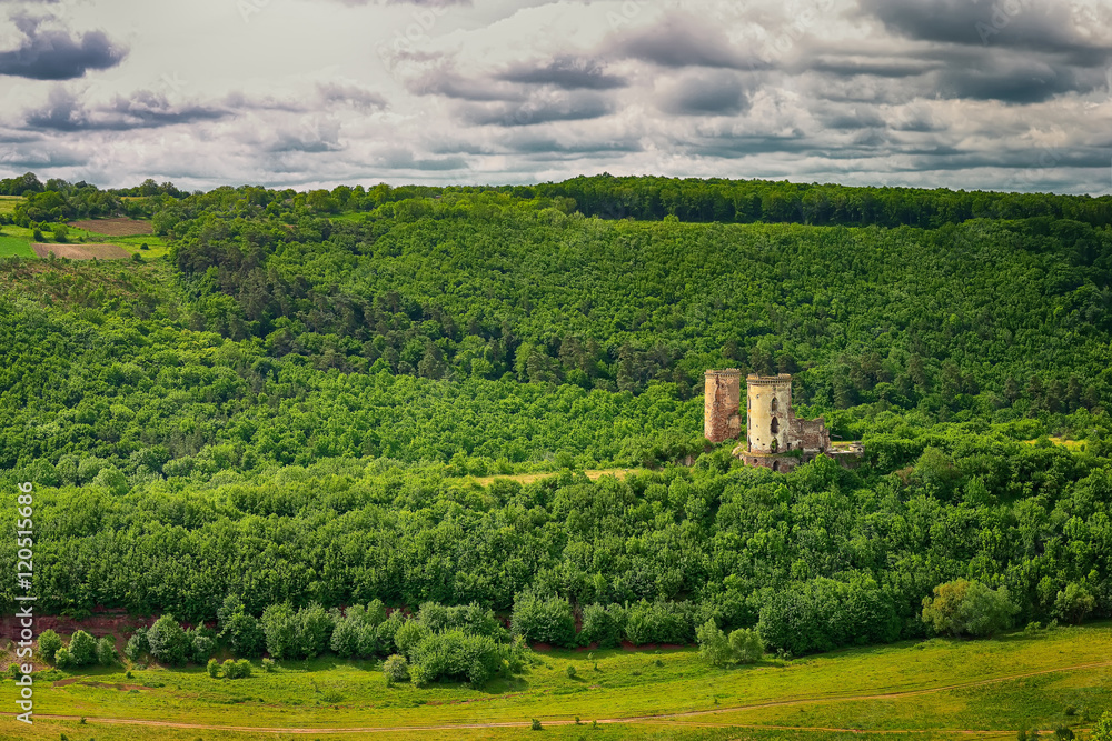 Spring view of Chervonohorod Castle ruins