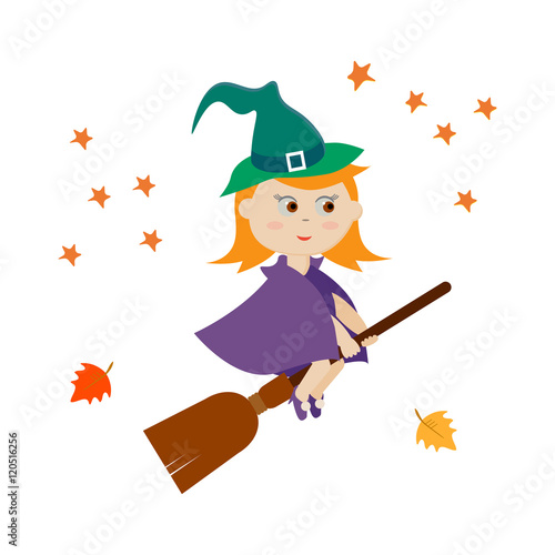 Cute witch flying on a broom