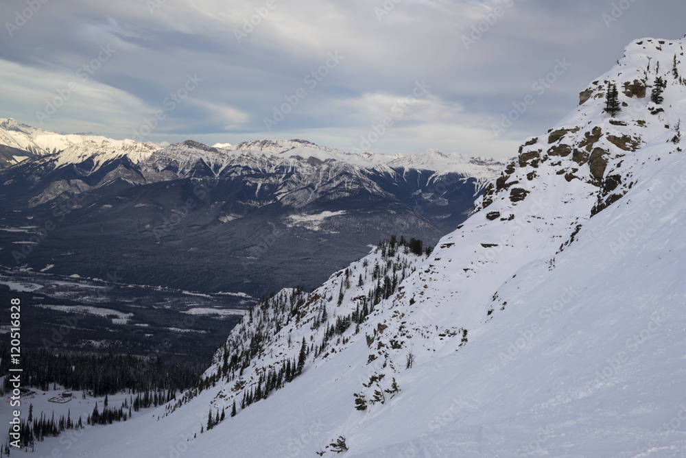 Snow covered valley with mountains in winter,  Kicking Horse Mou