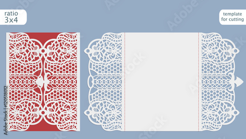 Laser cut wedding invitation card template vector.  Cut out the paper card with lace pattern.  Greeting card template for cutting plotter.