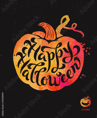 Isolated watercolor pumpkin with hand-drawn brush calligraphy. Happy Halloween theme. Vector Illustration.