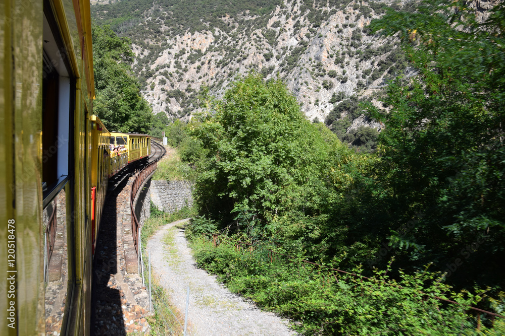 Fototapeta premium Le train jaune descendant la vallée de la Têt