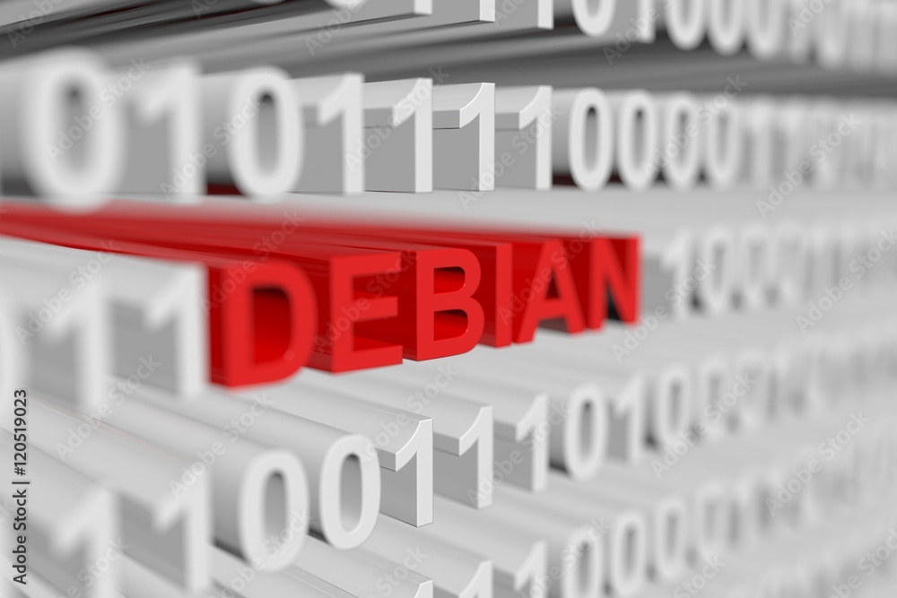 DEBIAN as a binary code with blurred background 3D illustration