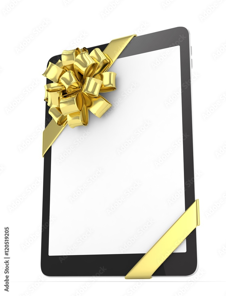 Black tablet with golden bow and empty screen. 3D rendering. Black tablet with golden bow and empty screen. 3D rendering.