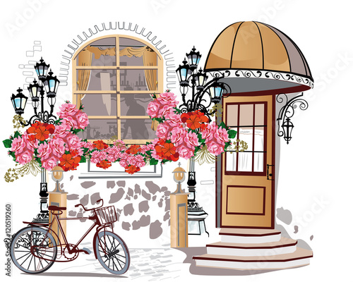 Series of backgrounds decorated with flowers, old town views and street cafes. Hand drawn Vector Illustration. 
