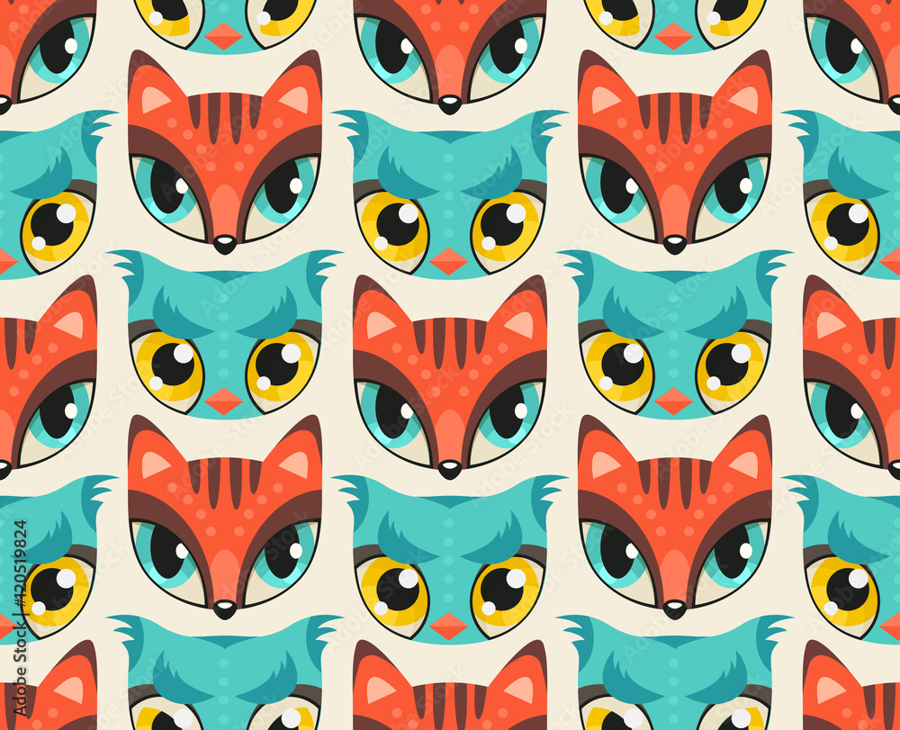 Seamless pattern with cute animal muzzles in flat style. Seamless pattern with cute animal muzzles in flat style.