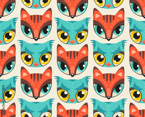 Seamless pattern with cute animal muzzles in flat style.