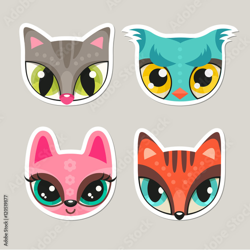 Animal muzzles in flat style - cat, owl, bunny, fox