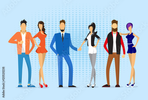 Young Hipster People Group Fashionable Man Woman Full Length Pop Art Background