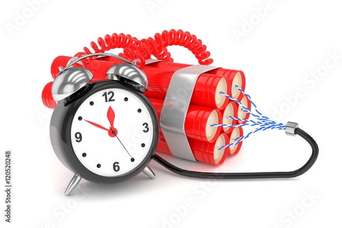 Alarm clock with dynamite. Dangerous weapon. Black alarm clock with bundle of dynamiye sticks. Concept of deadline, violence, lack of patience. 3D rendering.