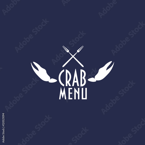 Vintage label with crab claws and two crab forks designed to use as seafood restaurant menu element, crab festival menu element, crab menu icon on your seafood site.