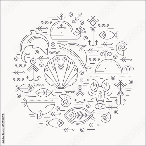 Vector illustration with outlined signs of marine animals