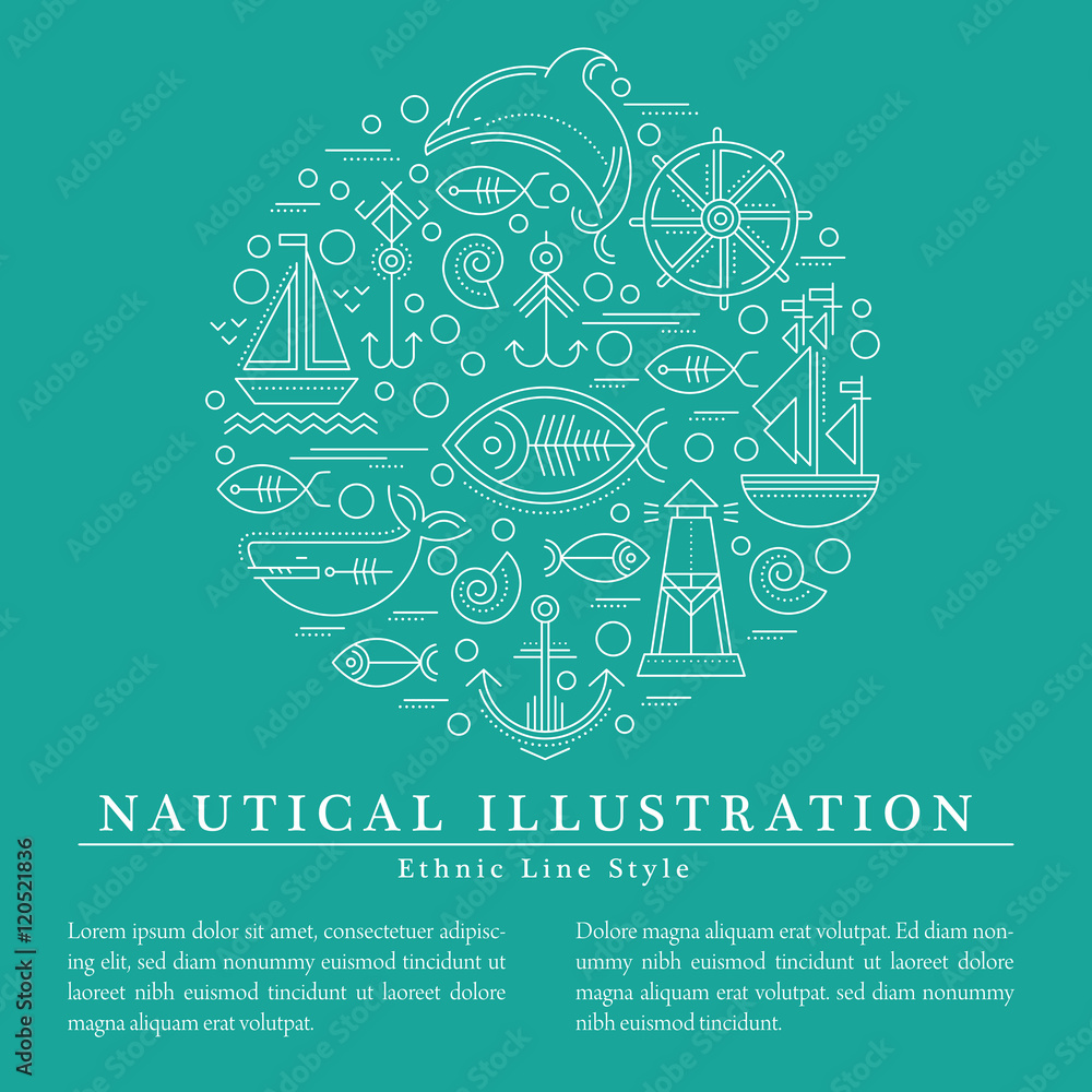Fototapeta premium Vector illustration with outlined nautical icons forming a circle