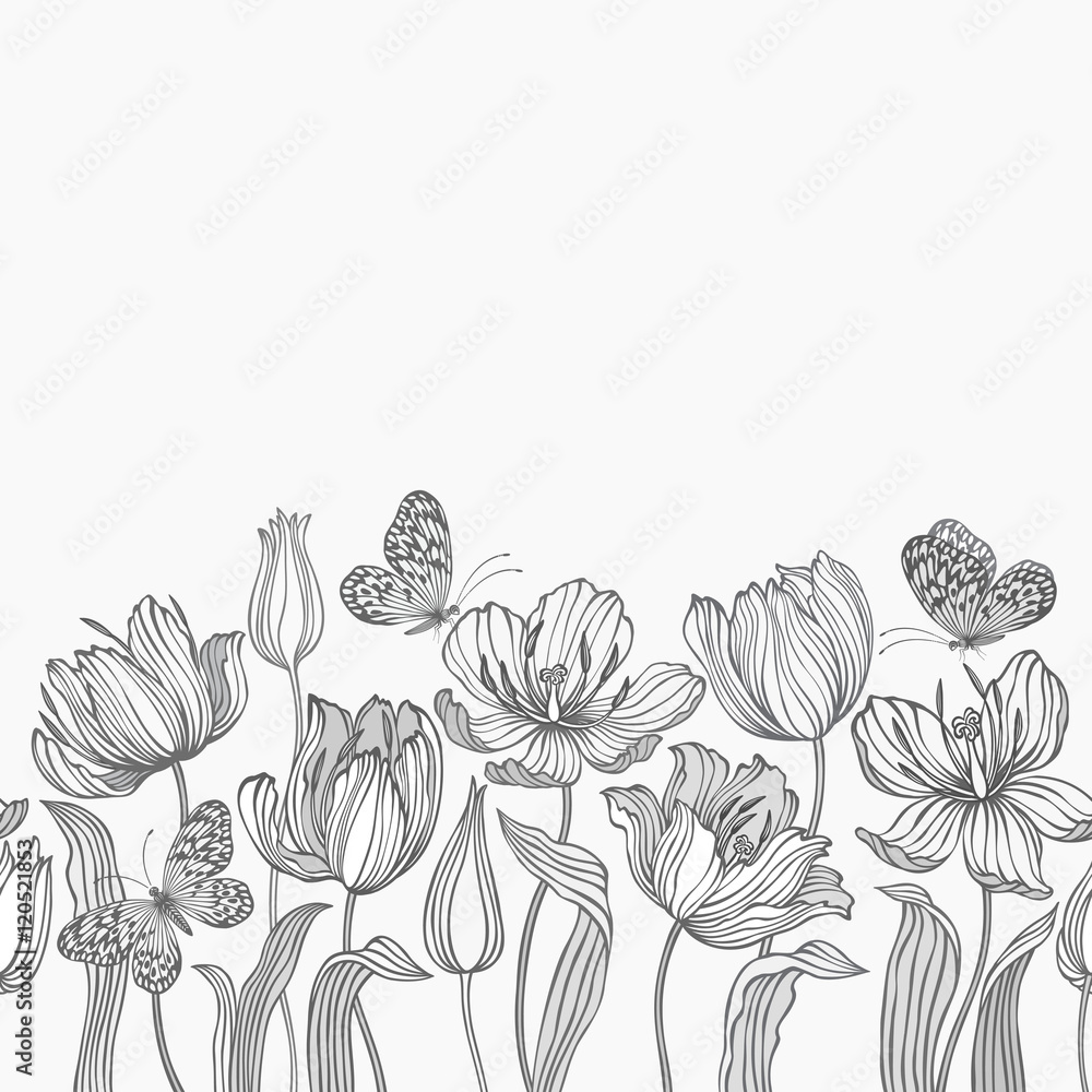 Naklejka bez szwu kwiatowy granicy z tulipanów i motyli