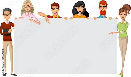 Cartoon business people holding white billboard with empty space. Presentation screen.
