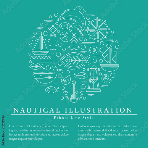 Vector illustration with outlined nautical icons forming a circle photo