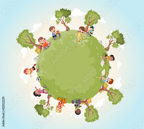Planet earth with cute cartoon kids playing. Sports and recreation.
